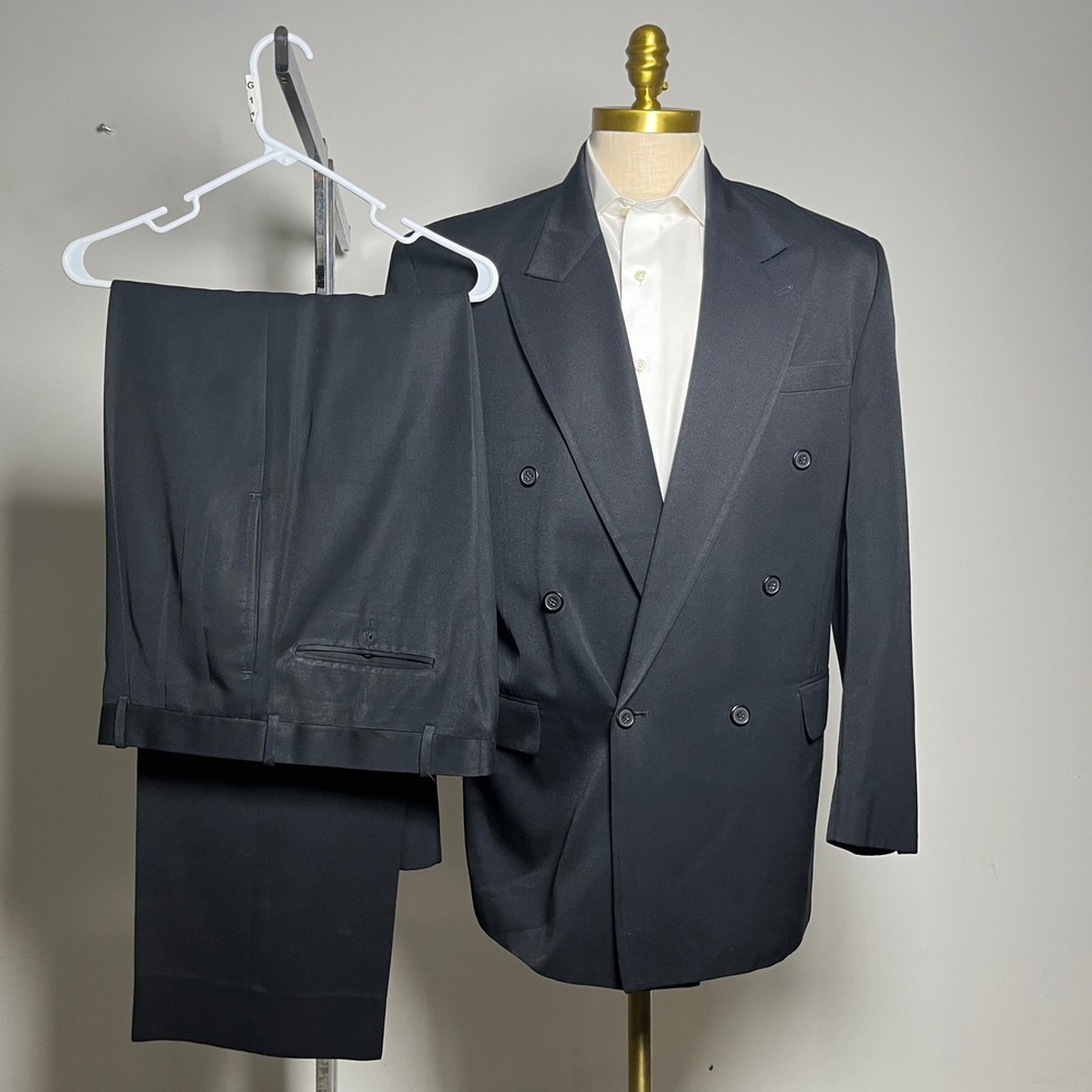 SoHo Collection Suit Mens 42L 35W Black Solid Double Breasted Peak Lapel